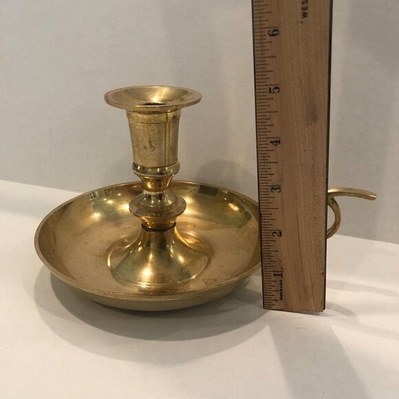 Vintage Brass Candlestick Candle Holder Drip Tray Finger Hole Large 5" Heavy - Picture 7 of 8